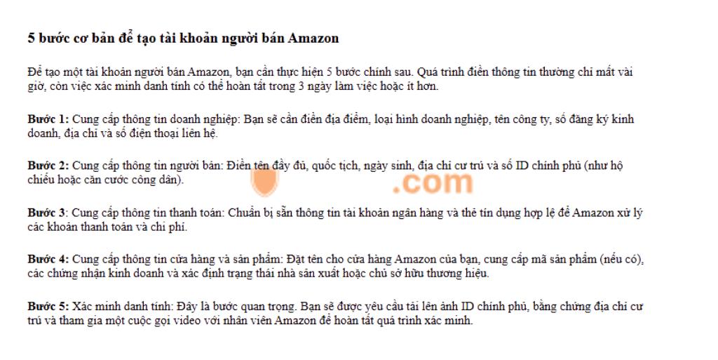 5 bước cơ bản để tạo tài khoản người bán Amazon