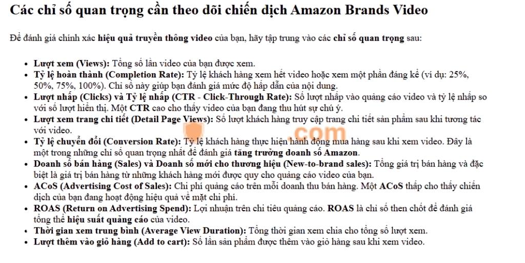 Amazon Brands Video là gì? Điều kiên, quy trình và hướng dẫn về nội dung video hiệu quả 3 Các chỉ số quan trọng cần theo dõi chiến dịch Amazon Brands Video