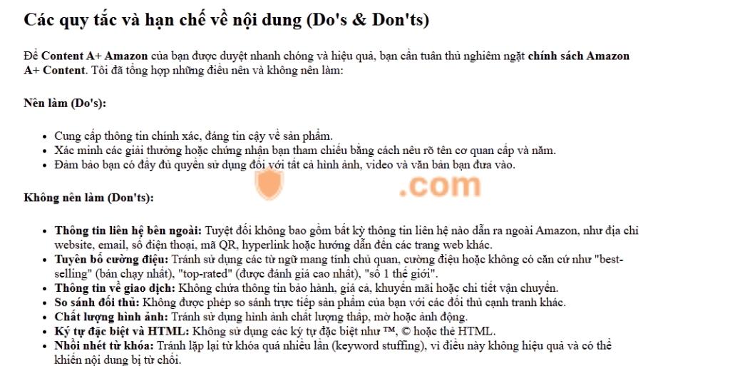 Content A+ Amazon là gì? Điều kiện, lợi ích và hướng dẫn 7 bước tạo Content A+ trong Seller Central 4 Các quy tắc và hạn chế về nội dung (Do's & Don'ts)