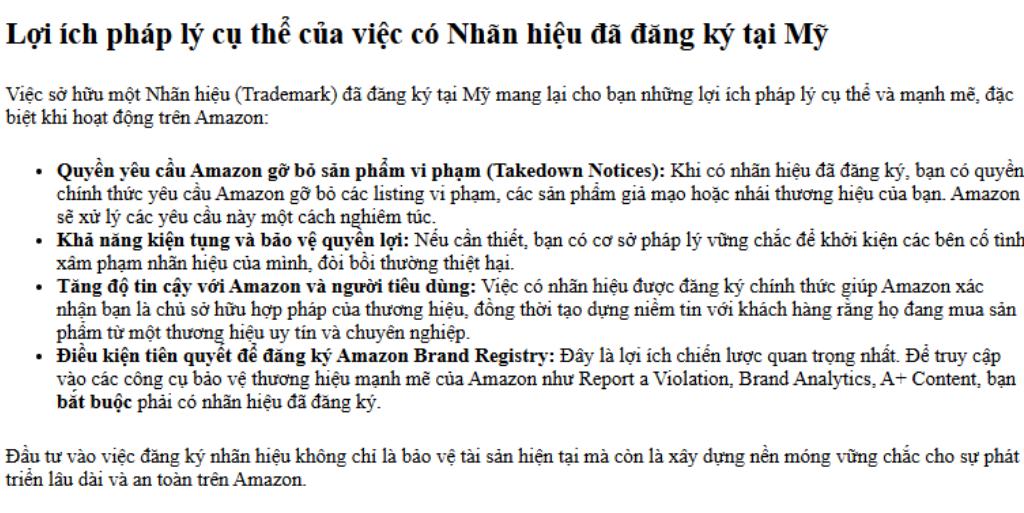 Lợi ích pháp lý cụ thể của việc có Nhãn hiệu đã đăng ký tại Mỹ