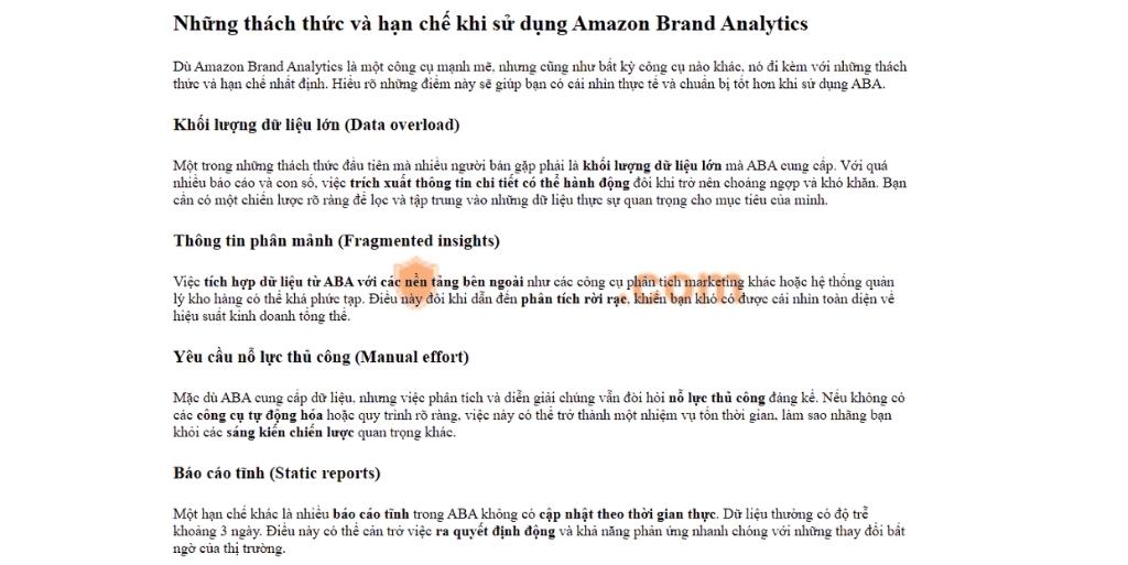 Amazon brand analytics là gì? Lợi ích, thách thức và các báo cáo chính trong Amazon Brand Analytics 4 Những thách thức và hạn chế khi sử dụng Amazon Brand Analytics